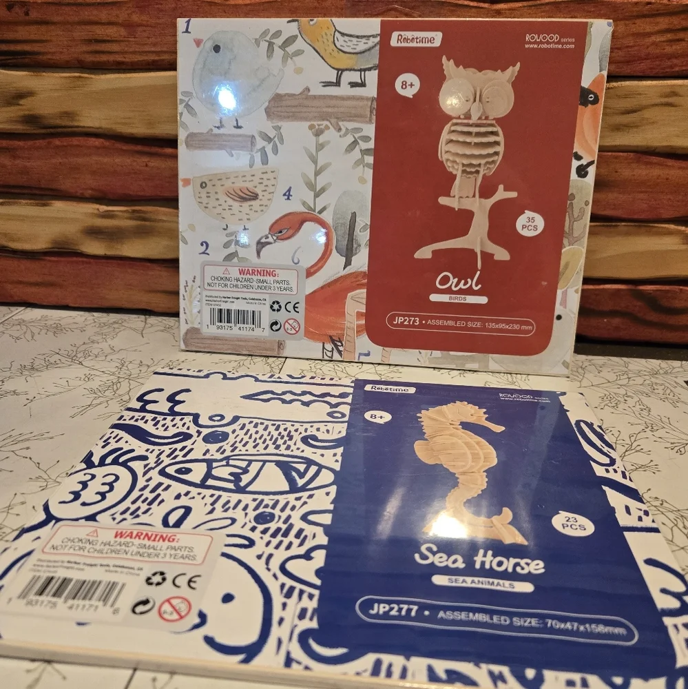 Lot 2 new wood animal assembly kits owl seahorse Robotime
